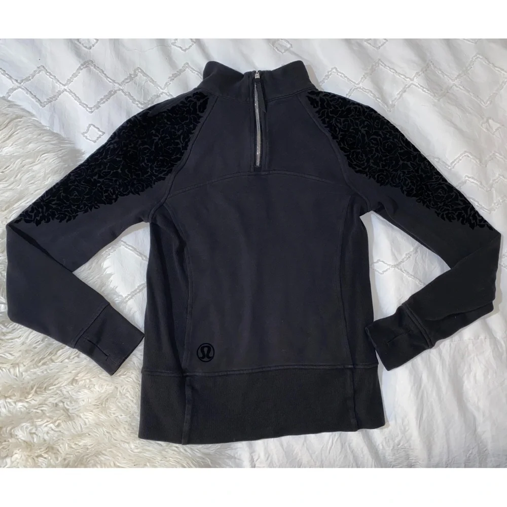 lululemon | Floral Flock Pullover Black Velvet Terry 1/4 Zip Sweater Size 4